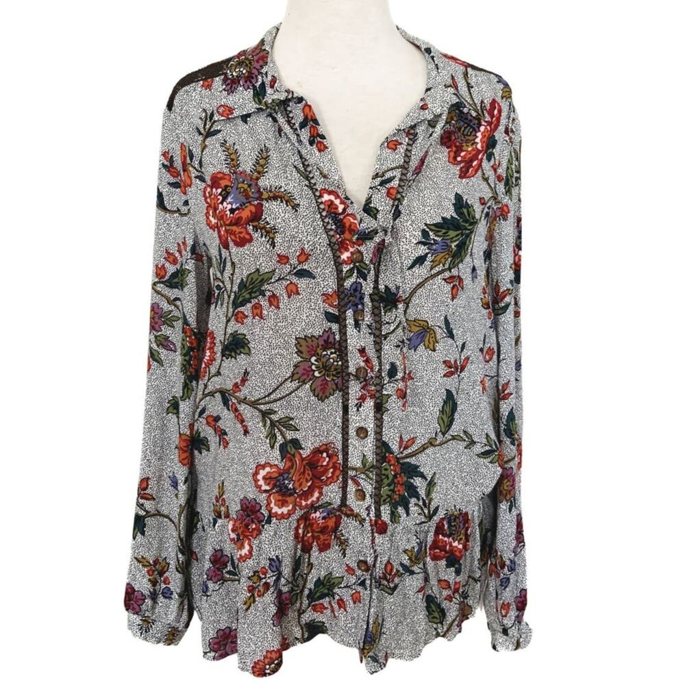 Maeve Multicolor Floral LS Tie Neck Ruffle Bottom Blouse Size 2